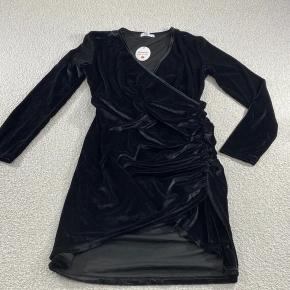 Black Velvet Wrap Dress with Ruching - Picture 1 of 9